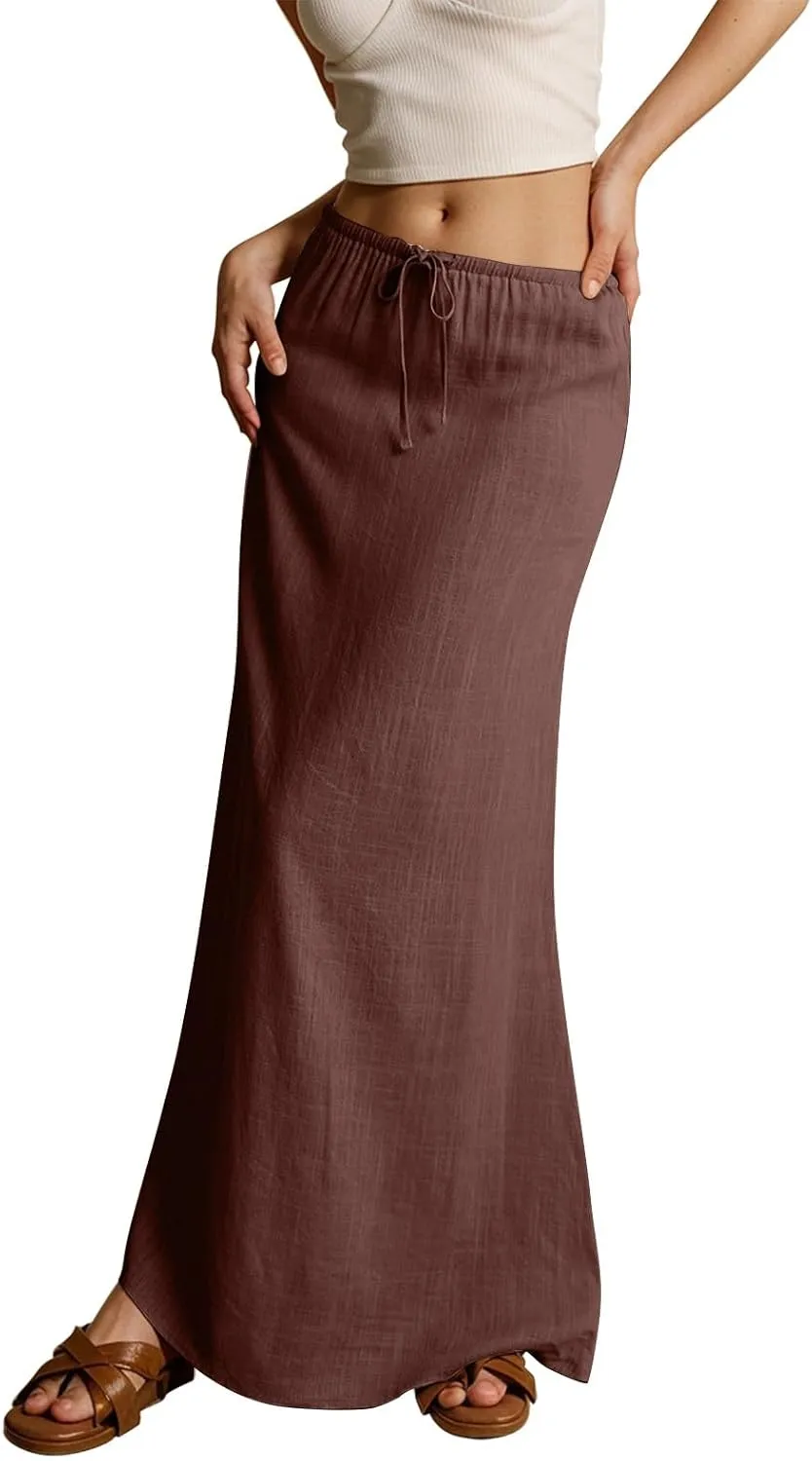 Womens Spring Skirt Cotton Linen Long Summer Casual Drawstring Low Waist Cotton Skirt Flowy Vacation Boho
